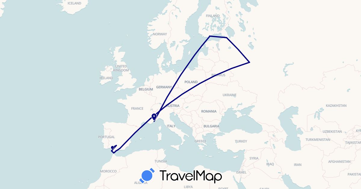 TravelMap itinerary: driving in Spain, Finland, France, Gibraltar, Russia (Europe)